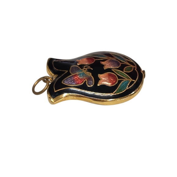 Vintage Cloisonné Tulip Pendant Butterfly Floral Black Enamel Gold Tone 1"x.75" - Picture 2 of 7
